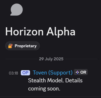 koltregaskes's tweet photo. "Horizon Alpha" stealth model coming to @openrouter soon.  Could this be a GPT-5 model?  OpenAI have tested previous models on here before. https://t.co/A9ojiLOPwB
