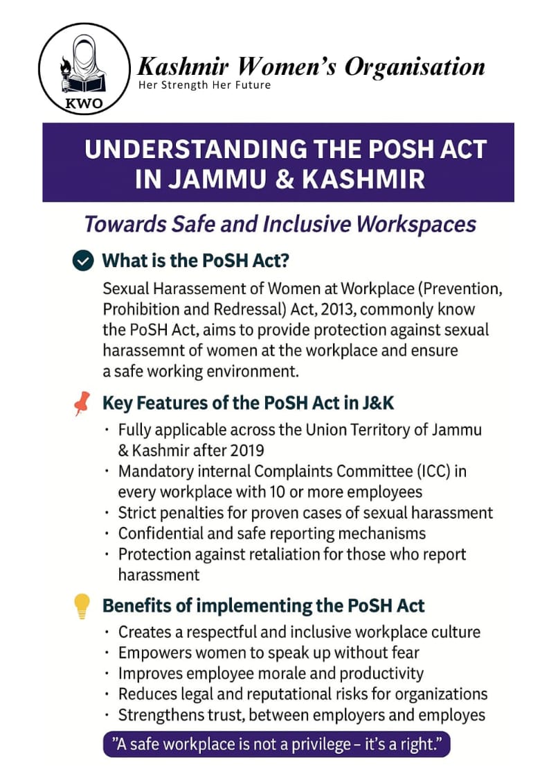 Kashmirwomens's tweet image. Every organisation must form an ICC POSH Act is applicable in Jammu &amp;amp; Kashmir since 31st October 2019.
Let’s not delay justice. Implement POSH. Safe workplace is a right, not a privilege.

#POSHAct #SafeWorkplace #DignityAtWork
#WomenAtWork #EndHarassment #ImplementPOSH #ICCNow