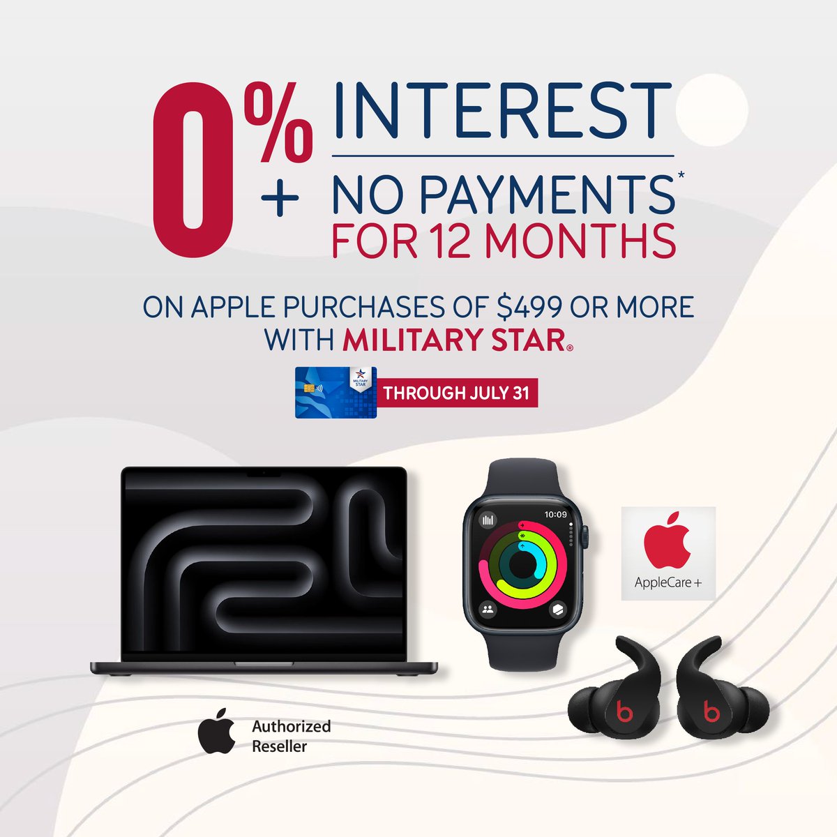 It's time to upgrade your Apple world! ✨ Enjoy 0% interest plus no payments for 12 months on Apple purchases of $499 or more with MILITARY STAR through July 31.

🔗 Visit aafes.media/3SVQ8bC for details.