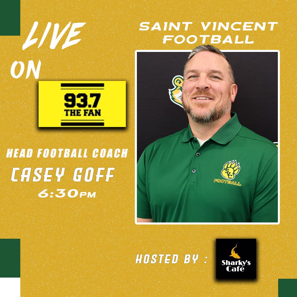 SVC Bearcats (@svc_bearcats) on Twitter photo Head <a href="/SVC_FTBL/">Saint Vincent College Football</a> Coach Casey Goff will be going on <a href="/937theFan/">93.7 The Fan</a> to talk Bearcat football with <a href="/DonChed54/">Donny Chedrick</a> at 6:30 PM tomorrow night Sharkyโs Cafe!
Tune in at: audacy.com/937thefan/937-โฆ
#SVC #GoBearcats Head <a href="/SVC_FTBL/">Saint Vincent College Football</a> Coach Casey Goff will be going on <a href="/937theFan/">93.7 The Fan</a> to talk Bearcat football with <a href="/DonChed54/">Donny Chedrick</a> at 6:30 PM tomorrow night Sharkyโs Cafe!
Tune in at: audacy.com/937thefan/937-โฆ
#SVC #GoBearcats