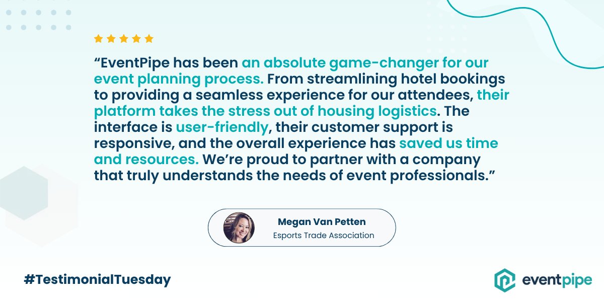 EventPipe (@geteventpipe) on Twitter photo 💬 “An absolute game-changer for our event planning process."
Thanks to Megan Van Petten from <a href="/ESPORTSTAssoc/">ESPORTS Trade Association</a> for the kind words after using EventPipe for the EsportsNext conference. 🤝
#TestimonialTuesday #Esports #hotelbookings 💬 “An absolute game-changer for our event planning process."
Thanks to Megan Van Petten from <a href="/ESPORTSTAssoc/">ESPORTS Trade Association</a> for the kind words after using EventPipe for the EsportsNext conference. 🤝
#TestimonialTuesday #Esports #hotelbookings