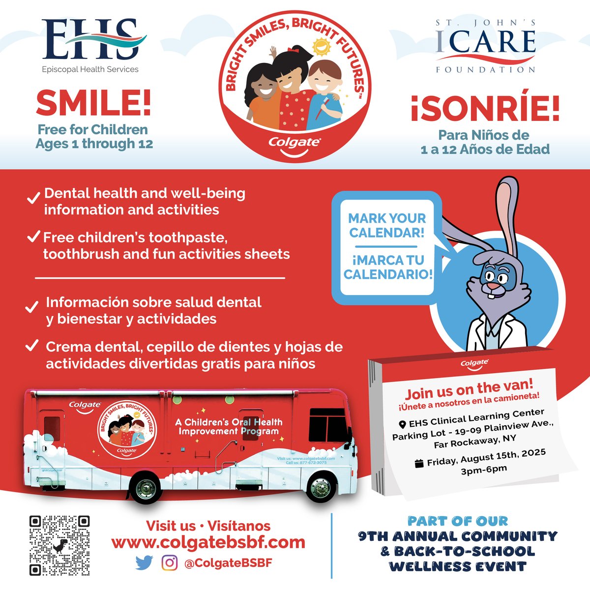 Sjicarefdn's tweet image. 🖍️ Join us Aug. 15, 3–6 PM for our 9th Annual Back-to-School Wellness Event at the EHS Clinical Learning Center!

We’re thrilled to welcome the Colgate Bright Smiles Van for FREE dental screenings (kids up to 12) + oral care kits! 🦷💙

#ICAREFoundation #ColgateBrightSmiles