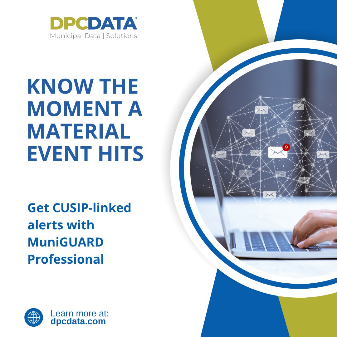 DPCDATA's tweet image. Rating changes. Bond calls. Defaults.  

MuniGUARD Professional delivers real-time alerts tied to the CUSIPs you care about, so nothing critical slips through the cracks.

LEARN MORE: dpcdata.com/products/munig…  

#municipalbonds #tradingtools #eventalerts #MuniGUARDProfessional