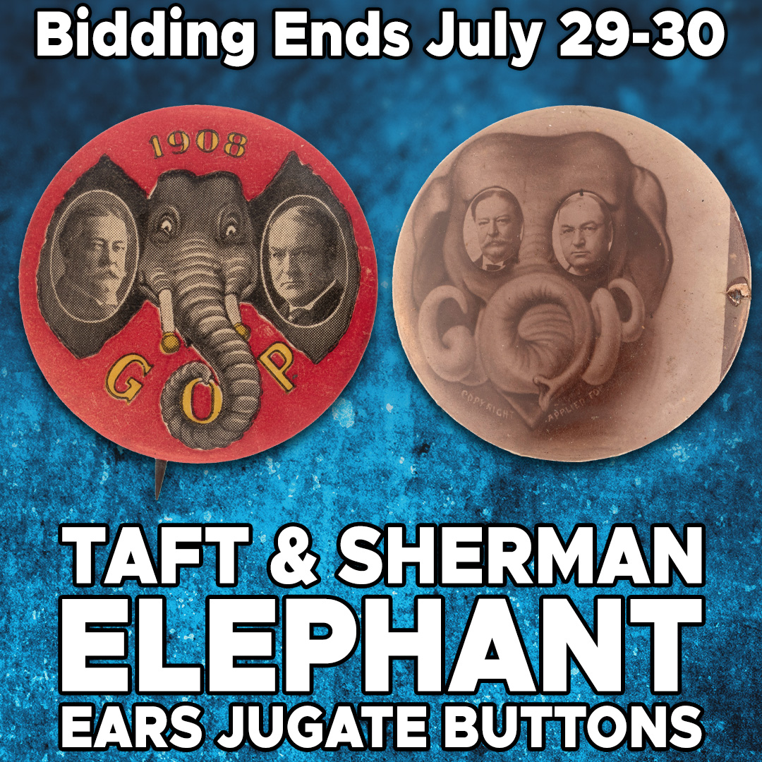 ENDING TONIGHT! These Taft and Sherman "Elephant Ears" jugate buttons are absolutely iconic campaign button designs and a worthy addition to any historic political collection. Don't miss out!  ow.ly/RFyn50Wpe83
#taft #auction #history