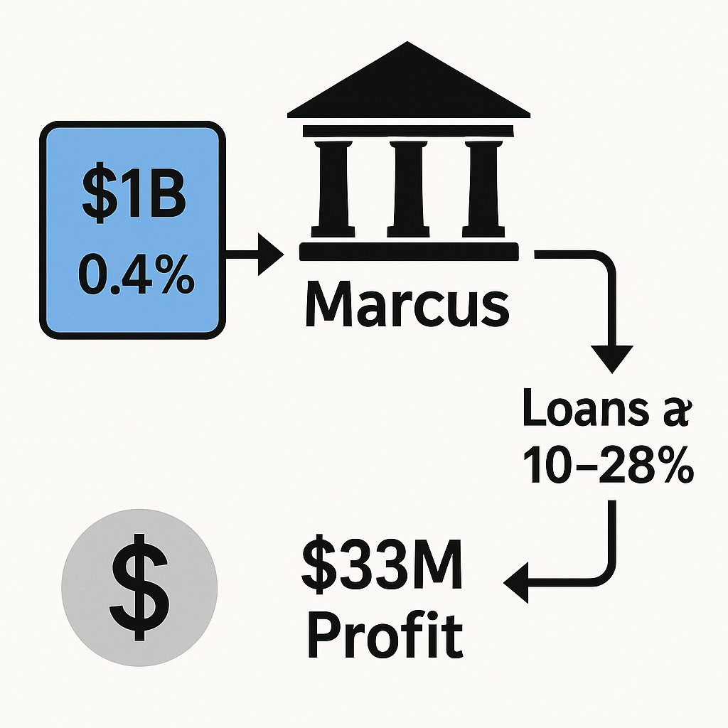 QuedicCap's tweet photo. Example: Marcus reels in $60 B at 0.4 %+ then lends at 10โ28 %. $1 B of sticky deposits โ โ $33 M net interest.
#NetInterestMargin #GoldmanSachs #BankingMath https://t.co/Se0dw4mbhK