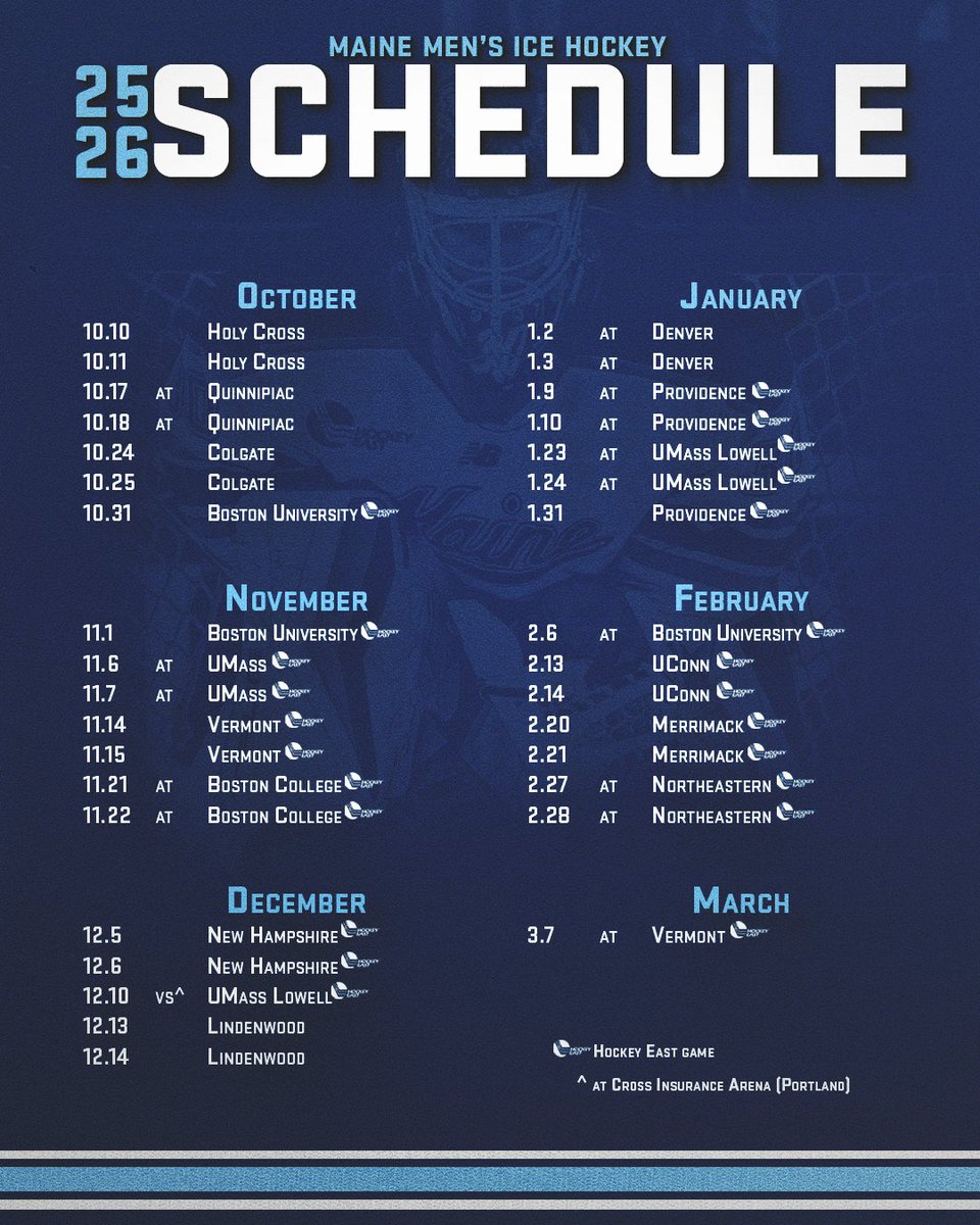 The 2025-26 Maine Men’s Ice Hockey Schedule (Official Version) 👀

📝: tinyurl.com/29pknbd2
🗓️: tinyurl.com/2b7ougnt