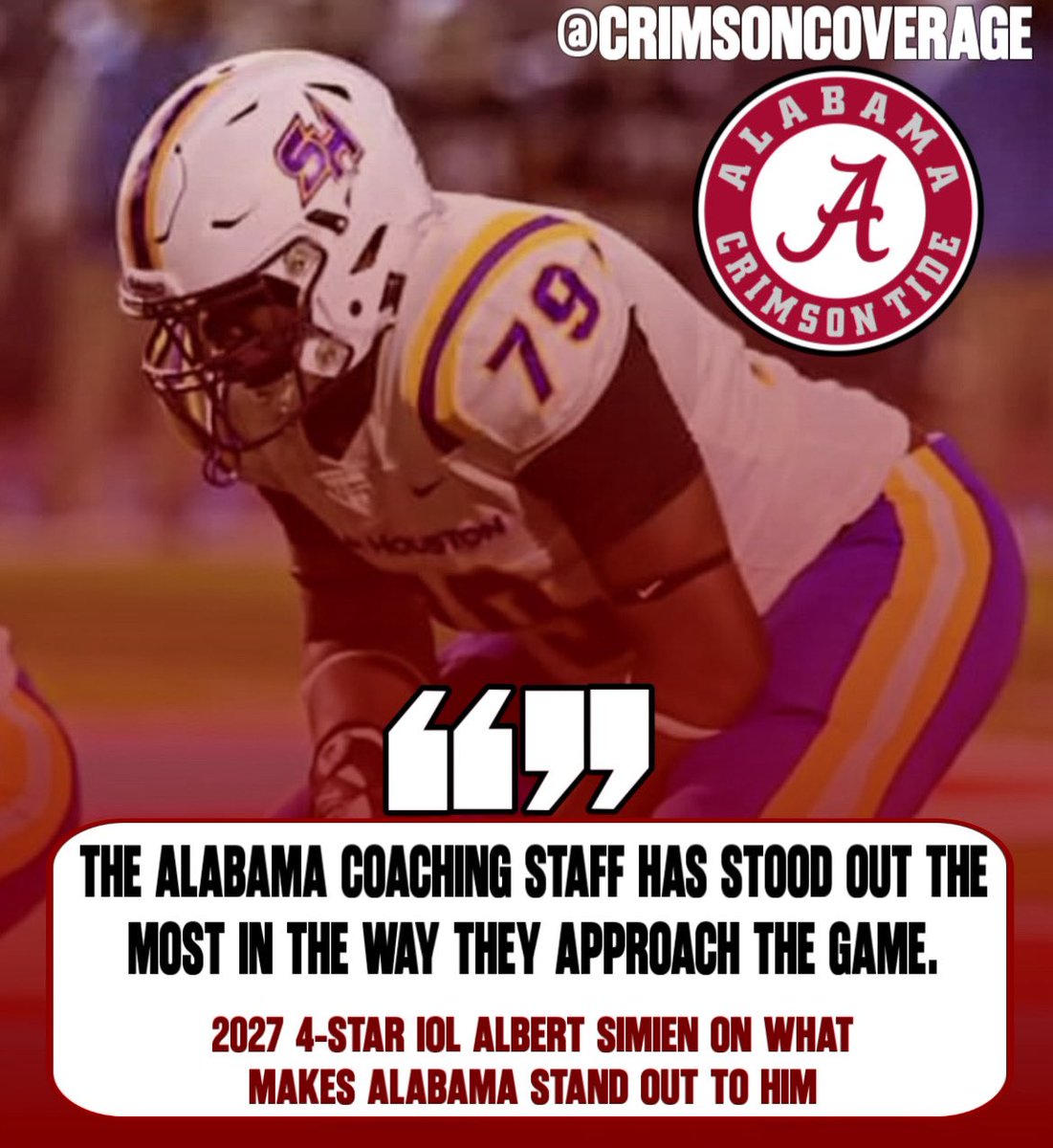 Alabama is one of many schools recruiting 2027 4 ⭐️ IOL Albert Simien (<a href="/Albert_Simien33/">Albert S.</a>).

Simien recently spoke with me about why the Crimson Tide stand out to him.