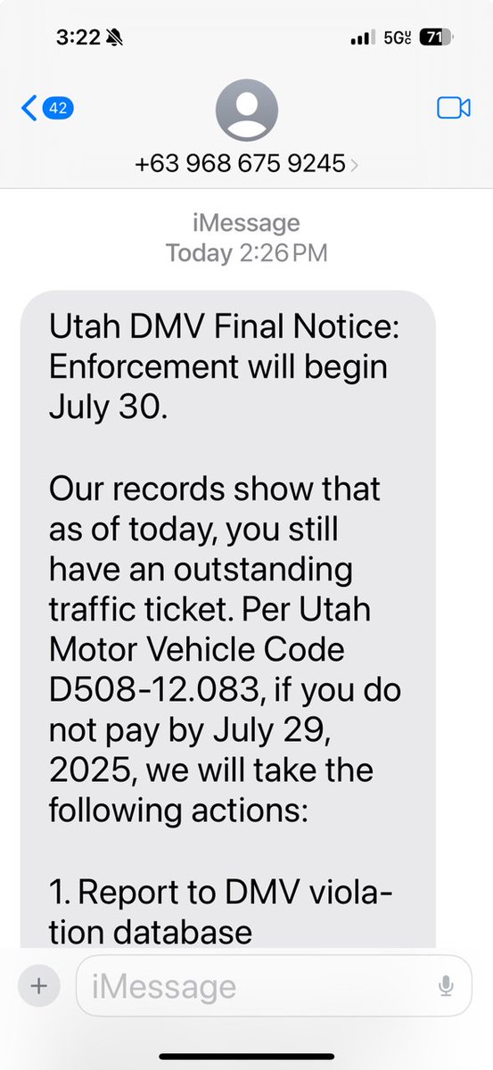 SCAM ALERT: If you get a text saying you have a traffic ticket with a fake “Utah Motor Vehicle Code,” delete it. 

The Utah DMV and SLC Transportation will never text you for payment. 

Don’t click links. Don’t respond.

Report scams here: reportfraud.ftc.gov