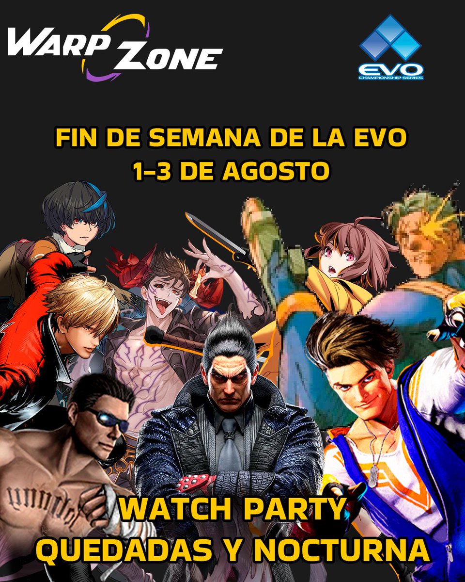 🥊 ¡Este finde celebramos la EVO en Warp Zone!
🗓️ 1, 2 y 3 de agosto
🎮 Quedadas de Fighting Games (SF6, Tekken 8, GG y más) por solo 5 € por tarde
🌙 Domingo 4: Nocturna para ver las finales hasta las 07:00 por solo 13 €
¡Prepárate para jugar sin parar!