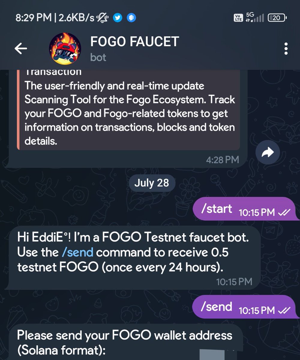 Everyone is facing faucet issues on <a href="/FogoChain/">Fogo</a> 

btw you can get faucet from here👇
@fogo_faucet_bot (telegram)

Easy and snappy tried 2 times no error happened till now

You can get 0.5 $FOGO every 24 hours

Btw it's not official...
Created by an early supporter <a href="/catcake0907/">Catcakes 🎨</a>