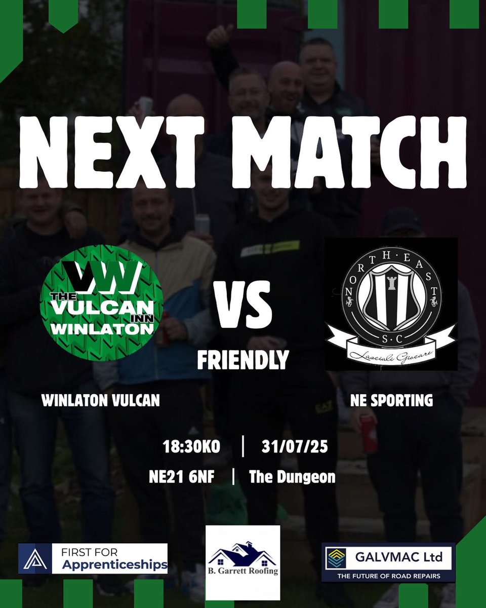 ⚽ Pre-Season Friendly Alert! ⚽
The Vulcan Inn FC are back on the pitch this week as we continue our pre-season preparations with another friendly

📅 Date: Thursday 31st July
🕘 Kick-off: 18:30 
📍 Venue: NE21 6NF

Come down and show your support to the lads #UPTHEVULCAN ⚽️⚽️⚽️