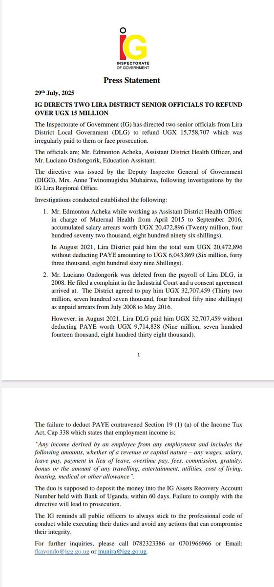 IGG (@igguganda) on Twitter photo <a href="/IGGUganda/">IGG</a> has directed two senior Lira DLG officials to refund over UGX 15M which was irregularly paid to them or face prosecution.
Details in the Press Statement below:
<a href="/Voiceoflangofm/">Voice of Lango 88fm</a> <a href="/977unityfm/">UNITY FM 97.7 LIRA</a> <a href="/943qfmlira/">94.3 QFM LIRA</a> <a href="/ntvuganda/">NTV UGANDA</a> <a href="/nbstv/">NBS Television</a> <a href="/UGIndependent/">The Independent</a> <a href="/newvisionwire/">The New Vision</a> <a href="/DailyMonitor/">Daily Monitor</a> <a href="/IGGUganda/">IGG</a> has directed two senior Lira DLG officials to refund over UGX 15M which was irregularly paid to them or face prosecution.
Details in the Press Statement below:
<a href="/Voiceoflangofm/">Voice of Lango 88fm</a> <a href="/977unityfm/">UNITY FM 97.7 LIRA</a> <a href="/943qfmlira/">94.3 QFM LIRA</a> <a href="/ntvuganda/">NTV UGANDA</a> <a href="/nbstv/">NBS Television</a> <a href="/UGIndependent/">The Independent</a> <a href="/newvisionwire/">The New Vision</a> <a href="/DailyMonitor/">Daily Monitor</a>