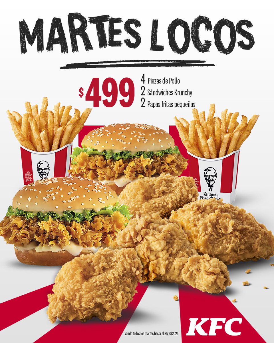 La vida se hizo para vivirla con locura Martes Locos desde RD$499. 🤪

- Promoción válida hasta el 31 de octubre de 2025
- Disponible en todos nuestros restaurantes.
- Válido para comer en el restaurante, Autorápido, para llevar.
- Válido para programar recoger en el restaurante