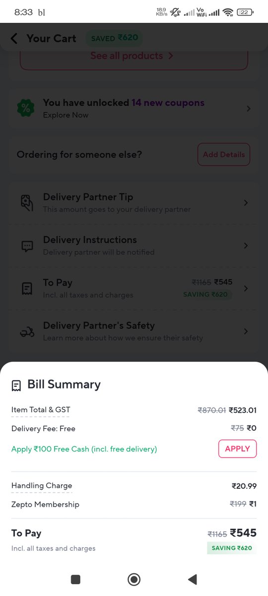 JanakYadav's tweet photo. @zeptocares Free Cash of Rs. 100 is not making any difference of Rs. 100 in the total amount. Please explain why so? It a myth or a strategy? https://t.co/YhtJxPDRib
