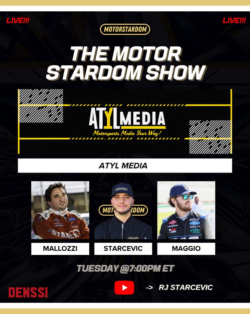 RJ Starcevic (@rjstarcevic) on Twitter photo WORLDS COLLIDE!
So excited to do an episode of The Motor Stardom Show tonight collaborating with my longtime racing friends over at <a href="/ATYLmedia/">ATYL Media</a>.
Gonna be a fun night. Make sure to tune in! WORLDS COLLIDE!
So excited to do an episode of The Motor Stardom Show tonight collaborating with my longtime racing friends over at <a href="/ATYLmedia/">ATYL Media</a>.
Gonna be a fun night. Make sure to tune in!