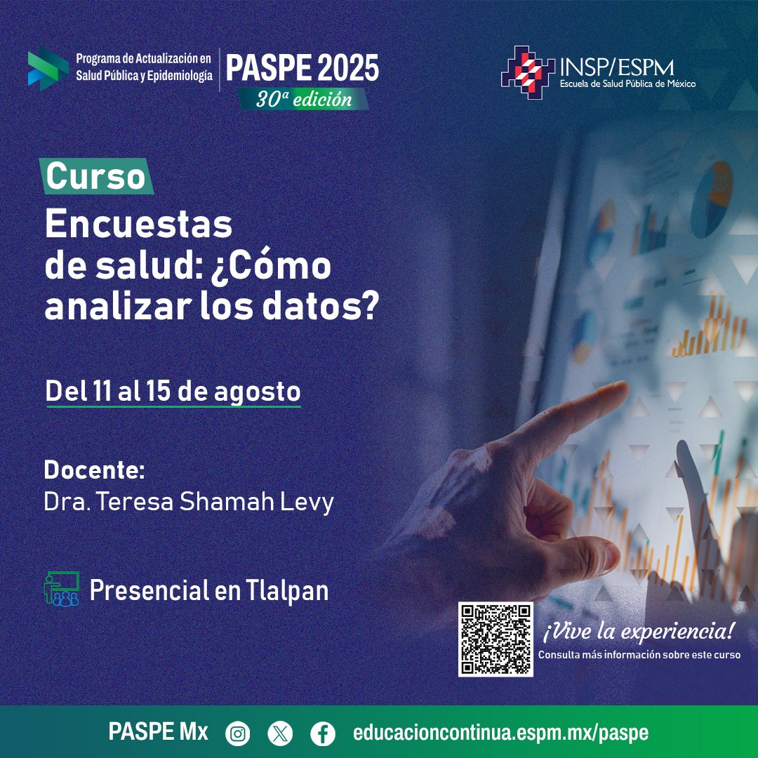 #CursosPASPE 📚 Analiza datos de encuestas nacionales de salud y transforma la información en decisiones clave para el bienestar de la población mexicana 🇲🇽🩺

¡Conoce, aplica y domina! 📈
🔗 bit.ly/3H91Wok 

#PASPE2025 #TeQuieroEnLaESPM #SaludPública #Epidemiología