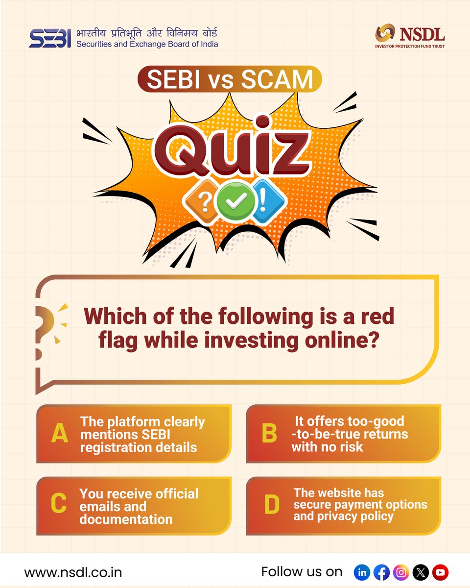 Join #SEBIvsSCAM Quiz Contest!

Win ₹10,000 Amazon Vouchers if you answer all the Five quizzes posted during 25th July – 31st July!!

Contest Dates: 25th July – 31st July 2025

Quiz Rules:

1.Mention the correct answers in the comment section along with #SEBIvsSCAM

2.Follow