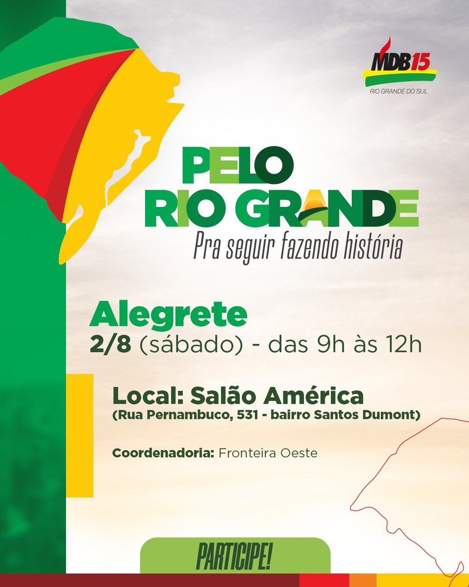 mdbrs15's tweet photo. No sábado, 2 de agosto, o @mdbrs15 estará no Alegrete para encontro da série "Pelo Rio Grande - Pra seguir fazendo história". O evento será comandado pelo presidente @depzanchin e contará com a presença de líderes partidários, entre os quais, do vice-governador @GabrielSouza_RS https://t.co/AKn6yoJlkQ