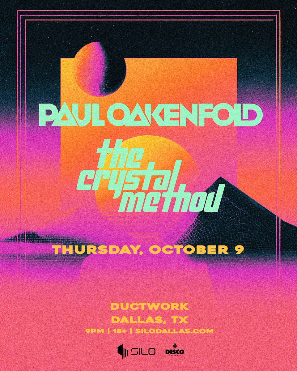 DUCTWORK Dallas (@ductworkdallas) on Twitter photo JUST ANNOUNCED ๐ <a href="/pauloakenfold/">Paul Oakenfold</a> & <a href="/crystalmethod/">THE CRYSTAL METHOD</a> join us at Ductwork at <a href="/SiloDallas/">SILO Dallas</a> on Thurs, October 9th ๐ซ
Sign up to receive an alert when tickets go on-sale and be entered for a chance to win 2 GA tix โ silodallas.com/signup
๐: Presale begins Wed, July 30 @ 10am CT JUST ANNOUNCED ๐ <a href="/pauloakenfold/">Paul Oakenfold</a> & <a href="/crystalmethod/">THE CRYSTAL METHOD</a> join us at Ductwork at <a href="/SiloDallas/">SILO Dallas</a> on Thurs, October 9th ๐ซ
Sign up to receive an alert when tickets go on-sale and be entered for a chance to win 2 GA tix โ silodallas.com/signup
๐: Presale begins Wed, July 30 @ 10am CT