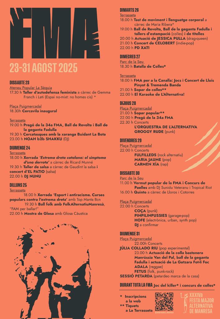 lalternativamnr's tweet photo. CONTRA ELS MONSTRES DEL PASSAT, CONSTRUÏM EL FUTUR!👊

 Ja tenim el cartell definitiu de la 34a FMA😍, del 23 al 31 d'agost tornem a omplir de vida, cultura, música, lluita i festa la Terrasseta (Plaça de la Música) i la plaça Puigmercadal!💥 https://t.co/vwXZEKBvhl