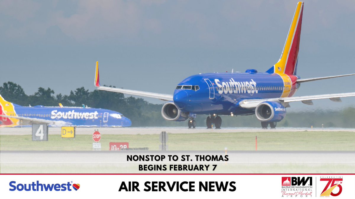 BWI Marshall Airport (@bwi_airport) on Twitter photo New route just announced!
<a href="/SouthwestAir/">Southwest Airlines</a> begins service from BWI Thurgood Marshall Airport to St. Thomas begins on February 7.
<a href="/usviports/">Virgin Islands Port Authority</a> <a href="/USVItourism/">Visit USVI – U.S. Virgin Islands Dept. of Tourism</a> New route just announced!
<a href="/SouthwestAir/">Southwest Airlines</a> begins service from BWI Thurgood Marshall Airport to St. Thomas begins on February 7.
<a href="/usviports/">Virgin Islands Port Authority</a> <a href="/USVItourism/">Visit USVI – U.S. Virgin Islands Dept. of Tourism</a>