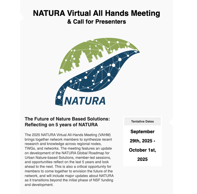 🚨NATURA Virtual All Hands Meeting – Call for Presenters!
Join us Sept. 29–Oct. 1, 2025. NATURA members interested in presenting a topic or update, contact us with a few sentences about your proposed presentation to be added to the schedule. Learn more: natura-net.org/2025-vahm