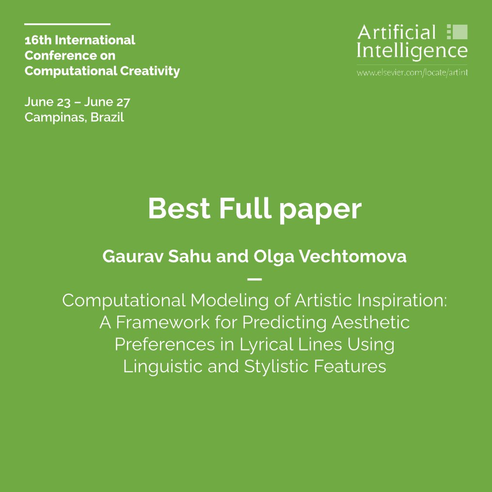 iccc_conf's tweet image. We are please to announce this year's best papers!
The best paper awards of this year’s conference was sponsored by the Artificial Intelligence Journal (AIJ).
#iccc25 #computationalcreativity #creativity #campinas #brazil #computerscience #computerengineering #computers