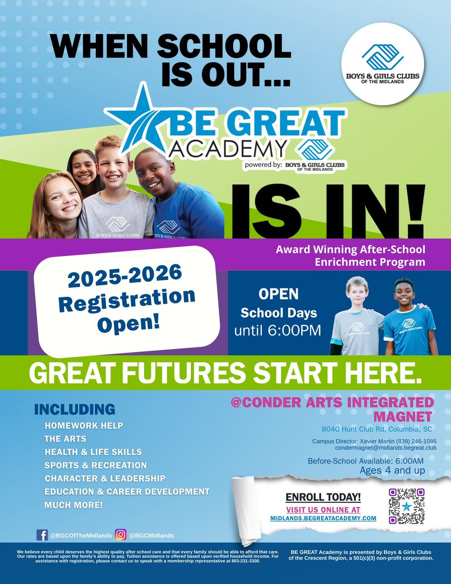 📣 Registration is OPEN for the 2025–2026 Be Great Academy at Conder!

🌟 Before care will be available starting at 6 AM
🎒 Includes homework help, arts, sports, leadership &amp; more!
Enroll today👉🏾midlands.begreatacademy.com

#ConderStars #BeGreatAcademy #AfterSchoolProgram