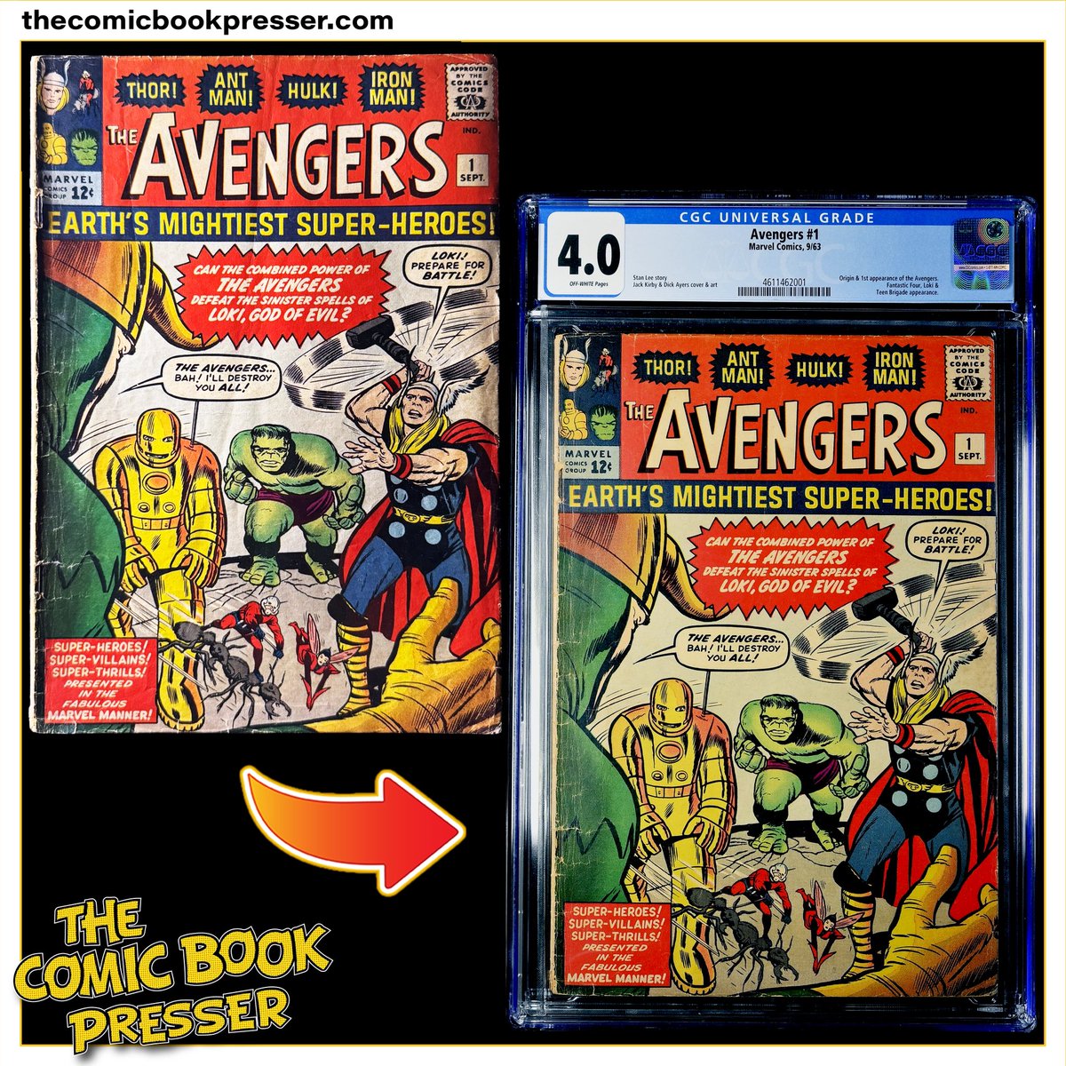 From RAW 2.0 to CGC 4.0! 💥
This Avengers #1 leveled up after pressing and cleaning—boosting both grade and value!

We love helping key issues shine.
🔗 thecomicbookpresser.com

#CGC #Avengers1 #ComicPressing #BeforeAndAfter #KeyIssue #ComicCollector