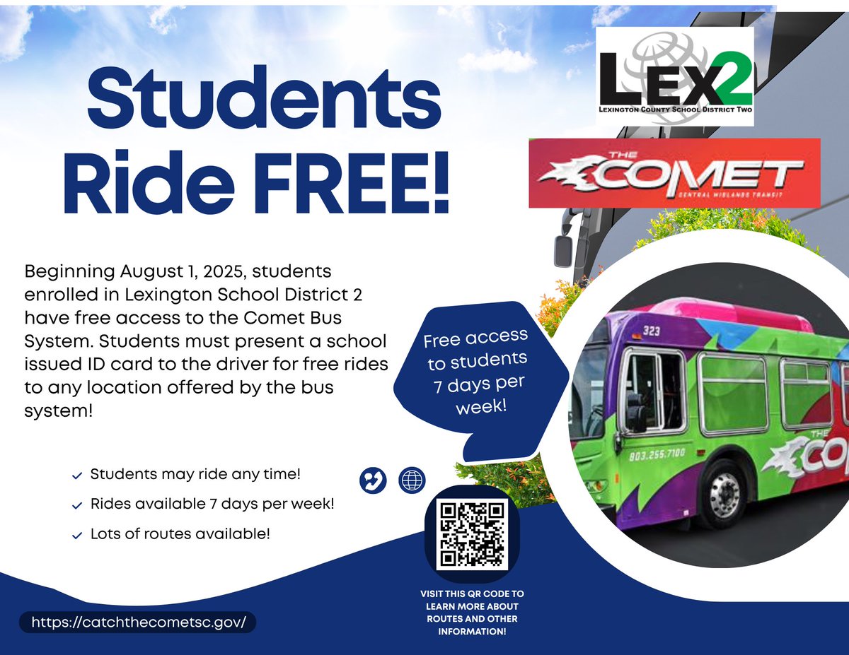 Lexington District Two (@lexingtontwo) on Twitter photo Beginning Aug. 1, students enrolled in <a href="/LexingtonTwo/">Lexington District Two</a> schools can ride the COMET Bus System FREE with a school-issued ID. Find rules, routes, and other helpful info at catchthecometsc.gov or by scanning the QR code in the attached flyer. Beginning Aug. 1, students enrolled in <a href="/LexingtonTwo/">Lexington District Two</a> schools can ride the COMET Bus System FREE with a school-issued ID. Find rules, routes, and other helpful info at catchthecometsc.gov or by scanning the QR code in the attached flyer.