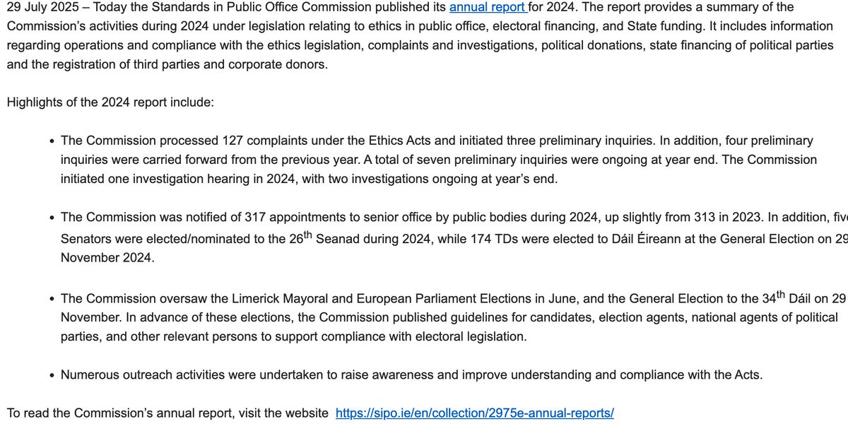 SIPO's 2024 report out today shows it holds one or two hearings every year into the over-a-hundred public complaints typically filed.
When it holds a hearing, the media usually ignore it or make a hames of it (e.g. Tommy Reilly in 2025).
And that...is Ireland's Ethics Acts regime