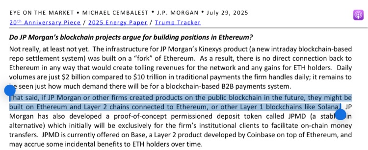 Interesting to see the evolving perspective on crypto from Michael Cembalest who leaves the door open for utilizing alternative L1s like Solana. Obvious take for CT but given how much tradfi tends to lag in this space it’s nice to see.