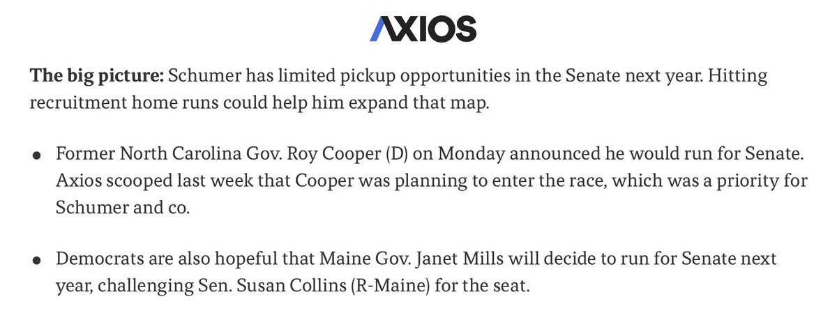 Chuck Schumer wants 77-year-old Janet Mills to run for Senate next year.

Mills would be 85 by the end of her first term.