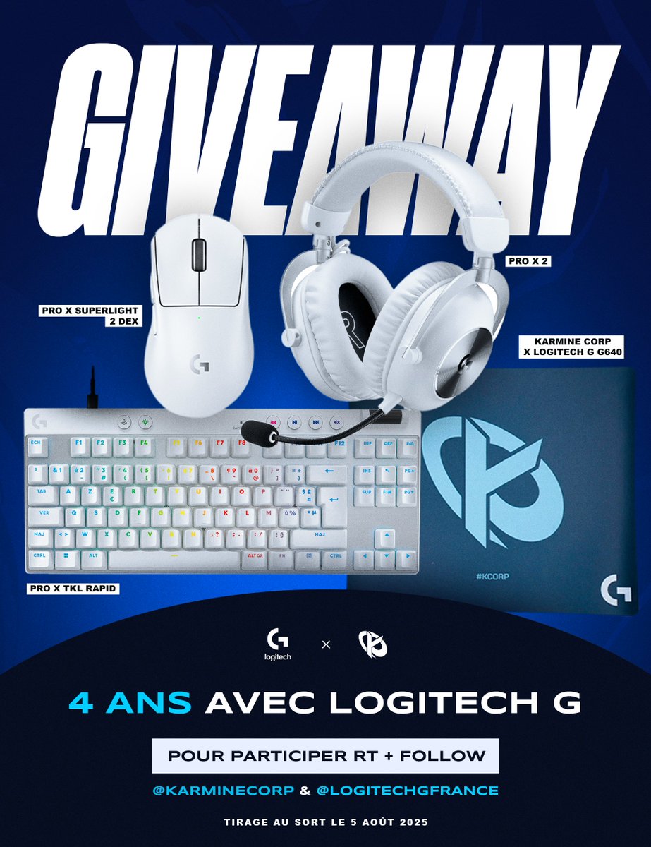 Karmine Corp (@karminecorp) on Twitter photo Ça fait 4 ans qu'on clique avec les produits de <a href="/LogitechGFrance/">Logitech G France</a>, alors on vous fait gagner un full setup complet pour vous régaler ! 💙
Pour participer :
✅ RT ce tweet
✅ Follow <a href="/KarmineCorp/">Karmine Corp</a> & <a href="/LogitechGFrance/">Logitech G France</a>
🍀 TAS le 05/08, bonne chance à tous ! Ça fait 4 ans qu'on clique avec les produits de <a href="/LogitechGFrance/">Logitech G France</a>, alors on vous fait gagner un full setup complet pour vous régaler ! 💙
Pour participer :
✅ RT ce tweet
✅ Follow <a href="/KarmineCorp/">Karmine Corp</a> & <a href="/LogitechGFrance/">Logitech G France</a>
🍀 TAS le 05/08, bonne chance à tous !