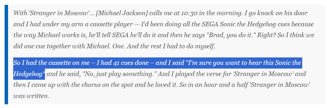 SubsonicSparkIe's tweet photo. I don't know how well known this fact is, but Brad Buxer has always maintained that he and MJ's soundteam completed a total of 41 music cues for Sonic 3's OST. Only TEN ended up in the final game.

The complete MJ soundtrack for Sonic 3 is the absolute PEAK of Sonic lost media 😭 https://t.co/fKf5s75QiE