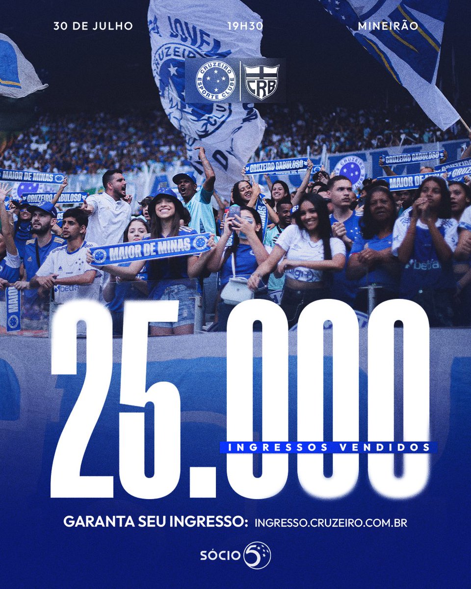 2️⃣5️⃣ mil confirmados para mais uma noite de Copa! 🏟️

Garanta agora seu ingresso e jogue junto com o Cruzeiro nas oitavas de final da Copa do Brasil! 💪

🎫 ingresso.cruzeiro.com.br
🦊 suacara.cruzeiro.com.br

#CRUxCRB #ReiDeCopas