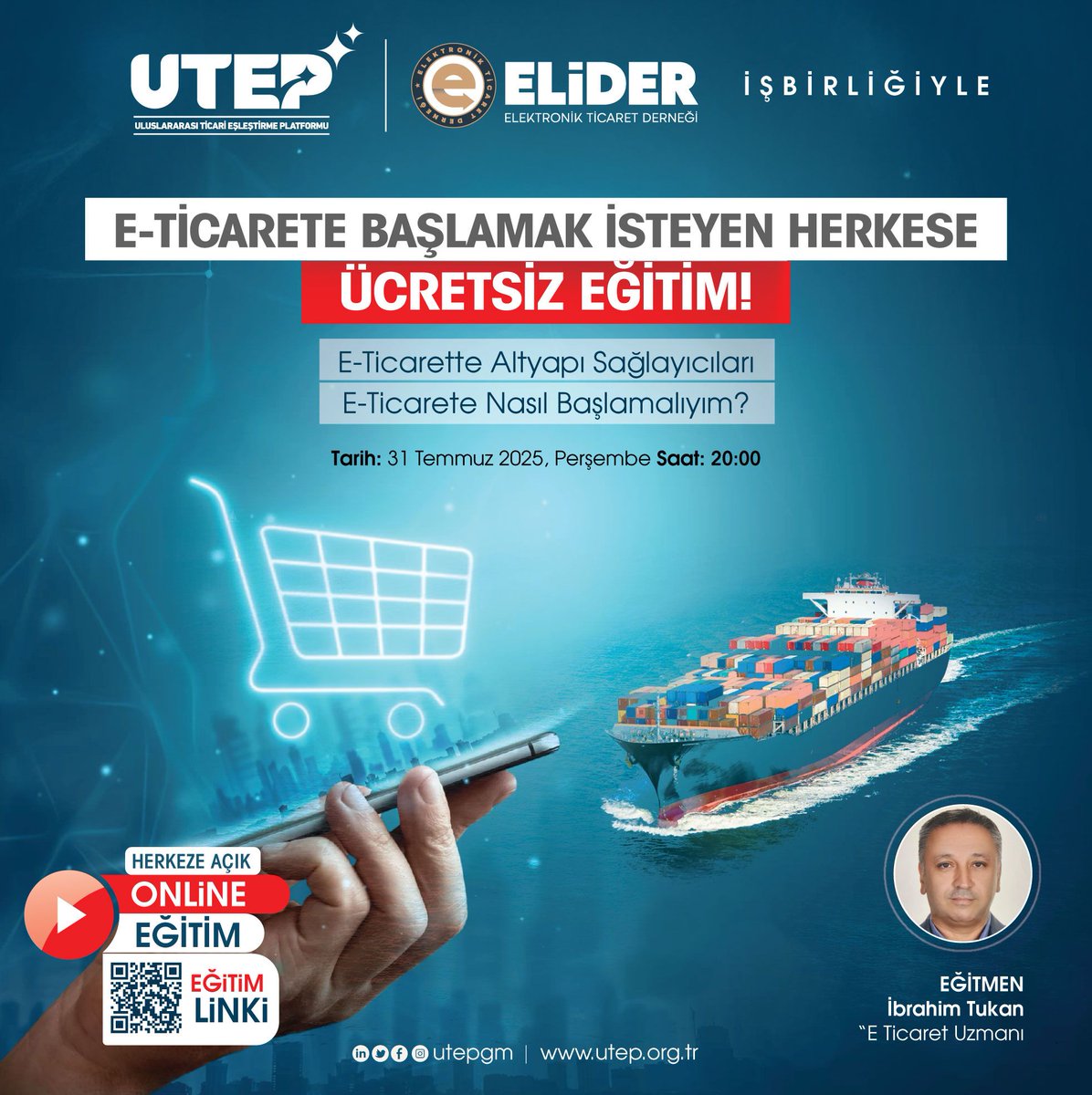 E-Ticarete Başlamak İsteyen Herkese Açık, Ücretsiz Eğitim!

UTEP olarak yalnızca ticari köprüler kurmuyor, aynı zamanda bilgi paylaşımını herkesin erişimine açarak gelişimi birlikte inşa etmeyi önemsiyoruz.
Bu anlayışla düzenlediğimiz, herkese açık ve ücretsiz bir eğitimle