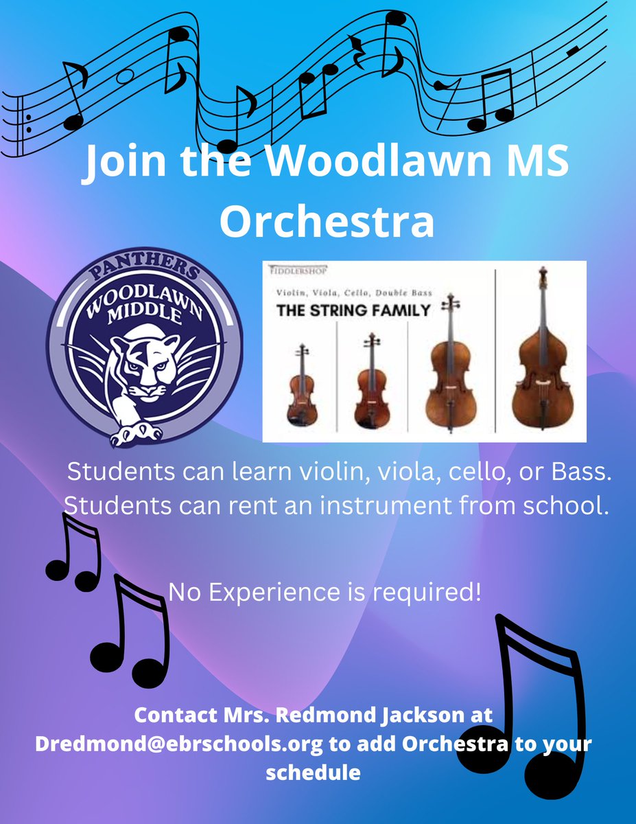 Woodlawn Middle School Orchestra Opportunity
Please see the attached flyer for our orchestra class for the 25-26 school year.  siap.ps/76aee3