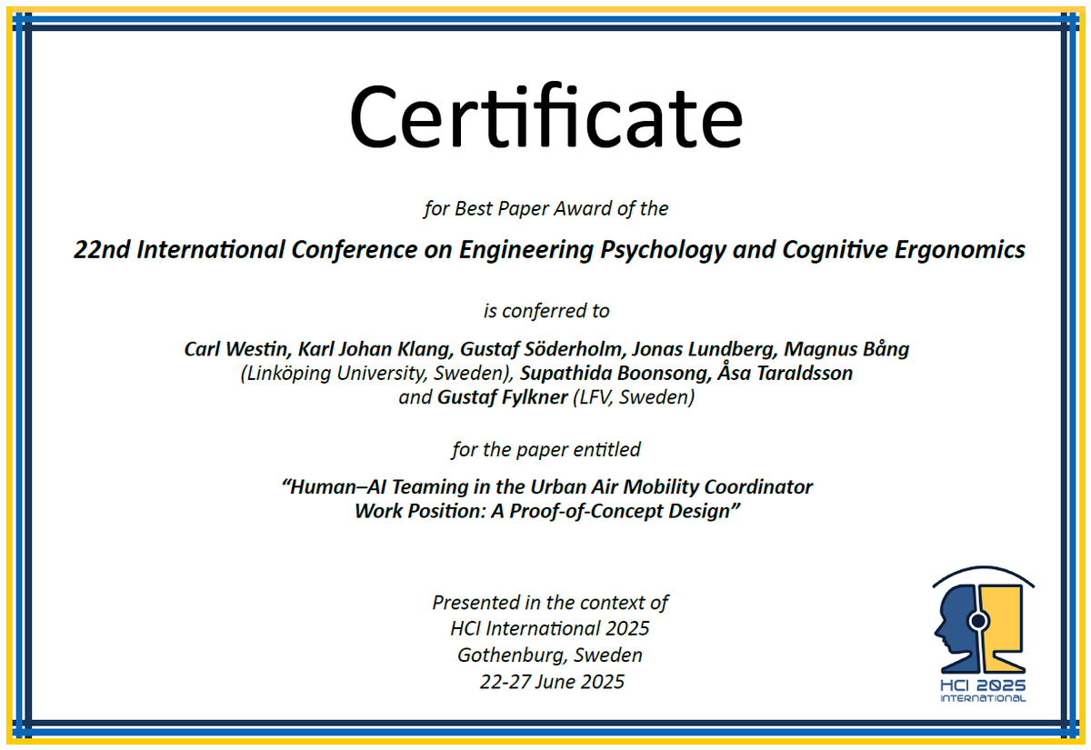 ❗❗ Best Paper Award ❗ ❗ 
"Human-AI Teaming in the Urban Air Mobility Coordinator Work Position: A Proof-of-Concept Design"
You can find out more details about the publication 
👇 👇 👇 👇 
haikuproject.eu/human-ai-teami…
#HorizonEU #cinea_eu