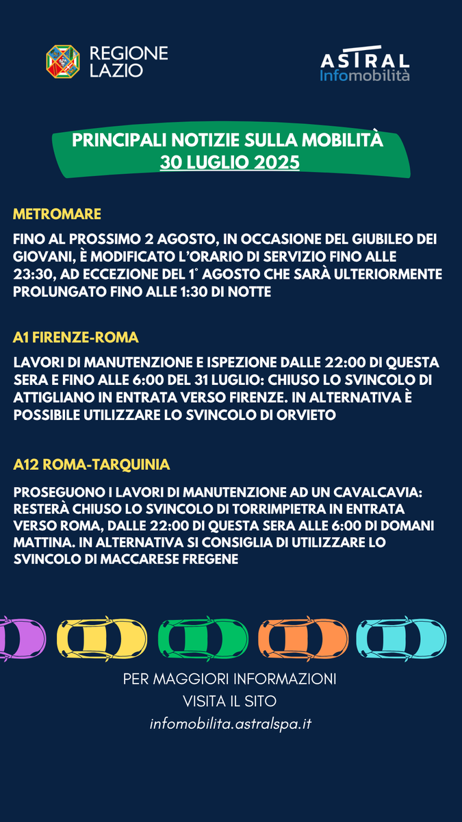 Regione Lazio (@regionelazio) on Twitter photo 🚘 <a href="/astralmobilita/">Astral Infomobilità</a> Le principali notizie sulla mobilità di oggi #30luglio
Qui tutti i dettagli tinyurl.com/3dxu4jaj 🚘 <a href="/astralmobilita/">Astral Infomobilità</a> Le principali notizie sulla mobilità di oggi #30luglio
Qui tutti i dettagli tinyurl.com/3dxu4jaj