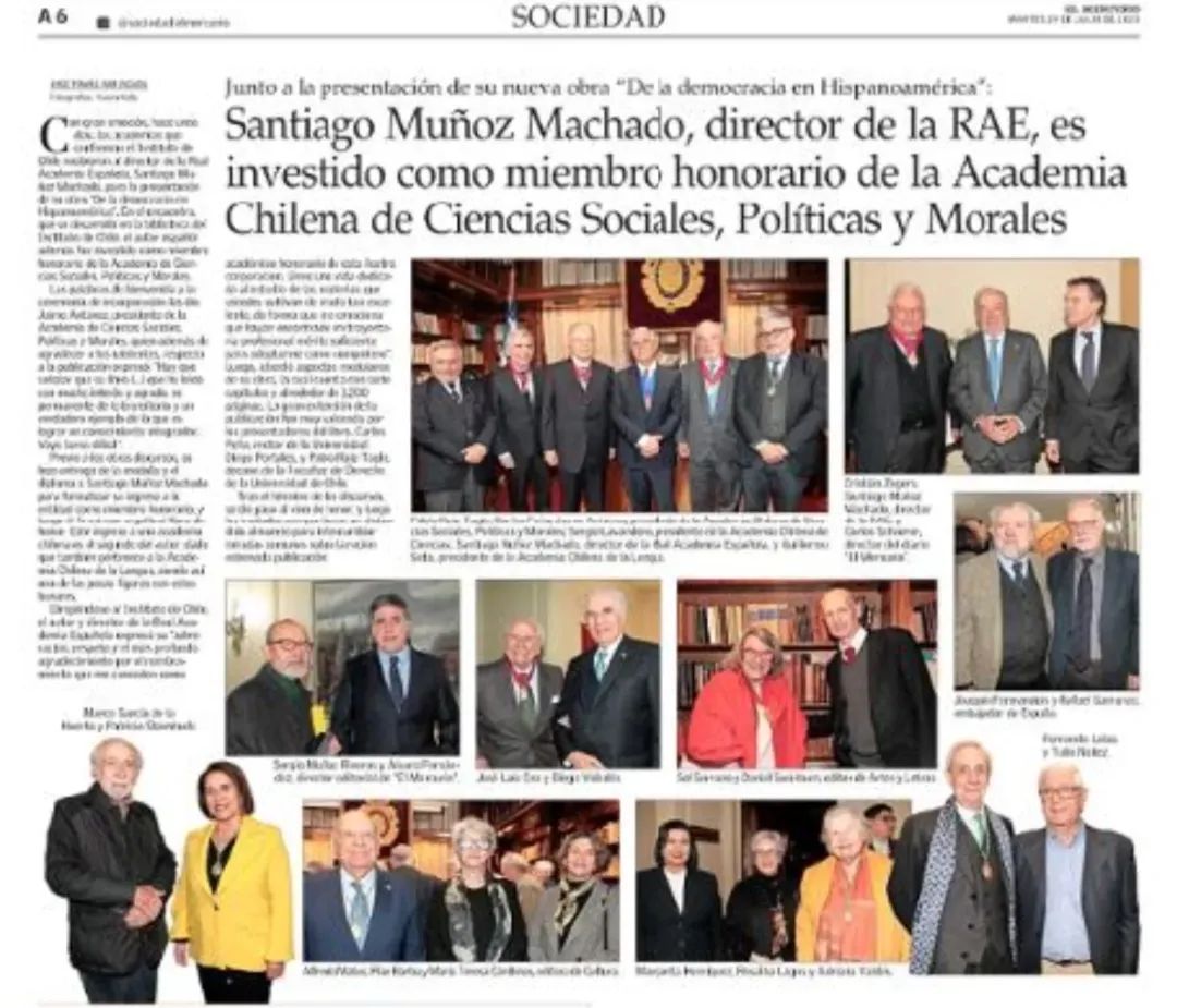 #ElMercurio destaca la incorporación de Santiago Muñoz Machado, director de <a href="/RAEinforma/">RAE</a>, como miembro honorario de la Academia de Ciencias Sociales, Políticas y Morales. En la ceremonia participaron varios miembros de la Academia Chilena de la Lengua.
<a href="/ASALEinforma/">ASALE</a>