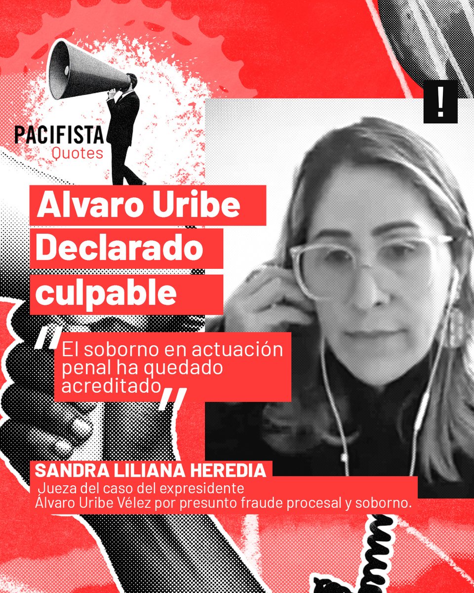 Álvaro Uribe Vélez, declarado culpable.

🗣️ “El soborno en actuación penal ha quedado acreditado”
— Jueza Sandra Liliana Heredia

La justicia habló.
Y esta vez, habló claro.
La impunidad tambalea.

#UribeCulpable #JusticiaParaColombia #PacifistaExplica #NiOlvidoNiSilencio