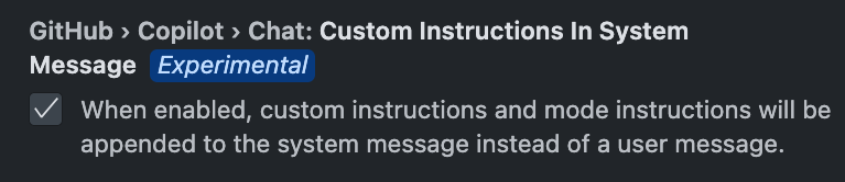 New in <a href="/code/">Visual Studio Code</a> Insiders: Custom instructions are appended to the system message, not user message, which should increase compliance to your instructions. 

Give it a try and let us know what you think!