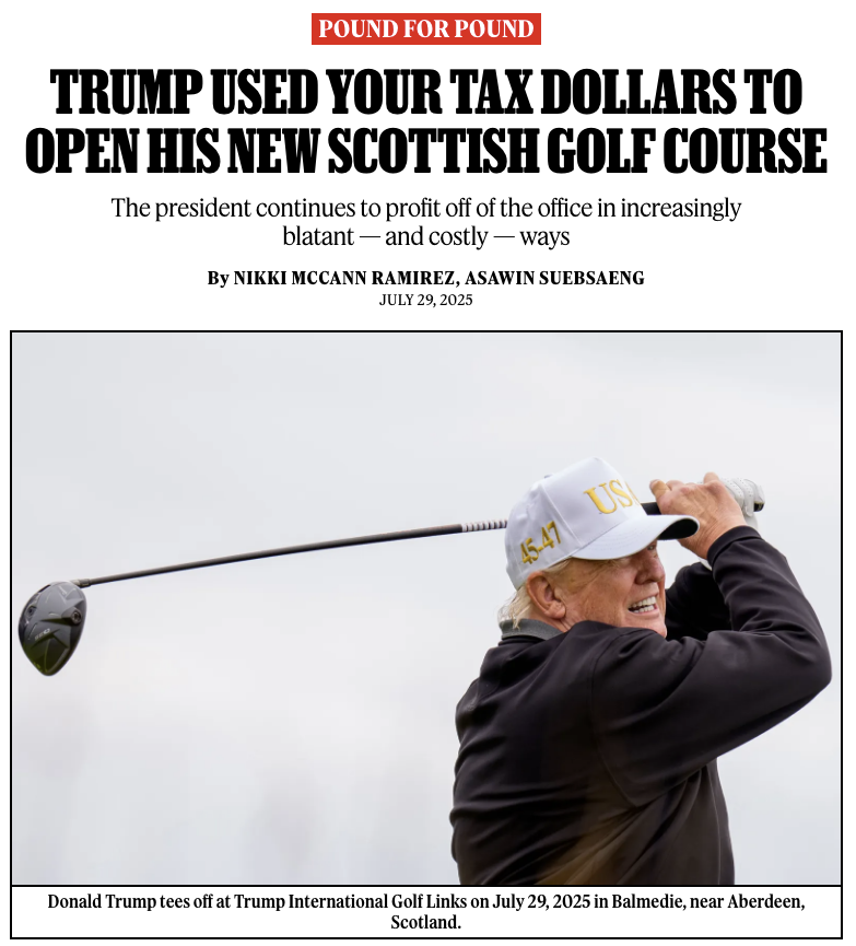 President Donald Trump continued his Profit-Off-The-Presidency World Tour this week with a stop in Scotland, where he opened a new private golf course. 

You, dear taxpayer, footed the bill for most of the trip.

Story: rollingstone.com/politics/polit…