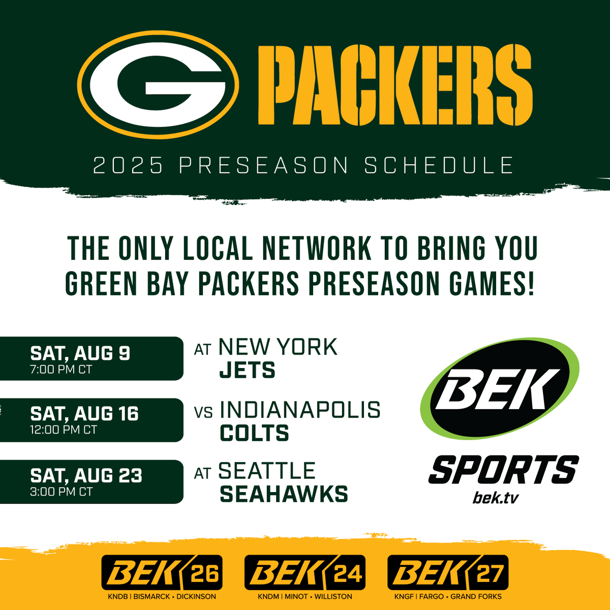 💥 The stage is set for a midday showdown!
The Green Bay Packers and Indianapolis Colts go head-to-head on Saturday, August 16, 2025, at 12 PM CT.

📺 Catch the action LIVE on BEK TV and BEK TV+
🎥 bektv.plus/videos/2025_08…

#NFLonBEK #PackersVsColts #BEKTV #Kickoff2025