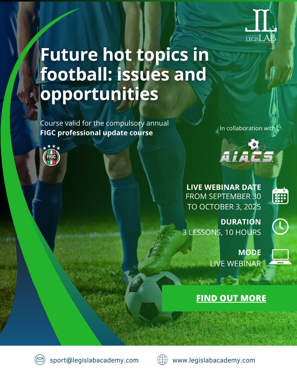 ⚽️ Football Hot Topics: Issues and Opportunities

FIGC Professional Update Course | In English | Starts Sept. 30

🔗 legislabacademy.com/corsi/future-h…

<a href="/AiacsInfo/">AIACS</a>