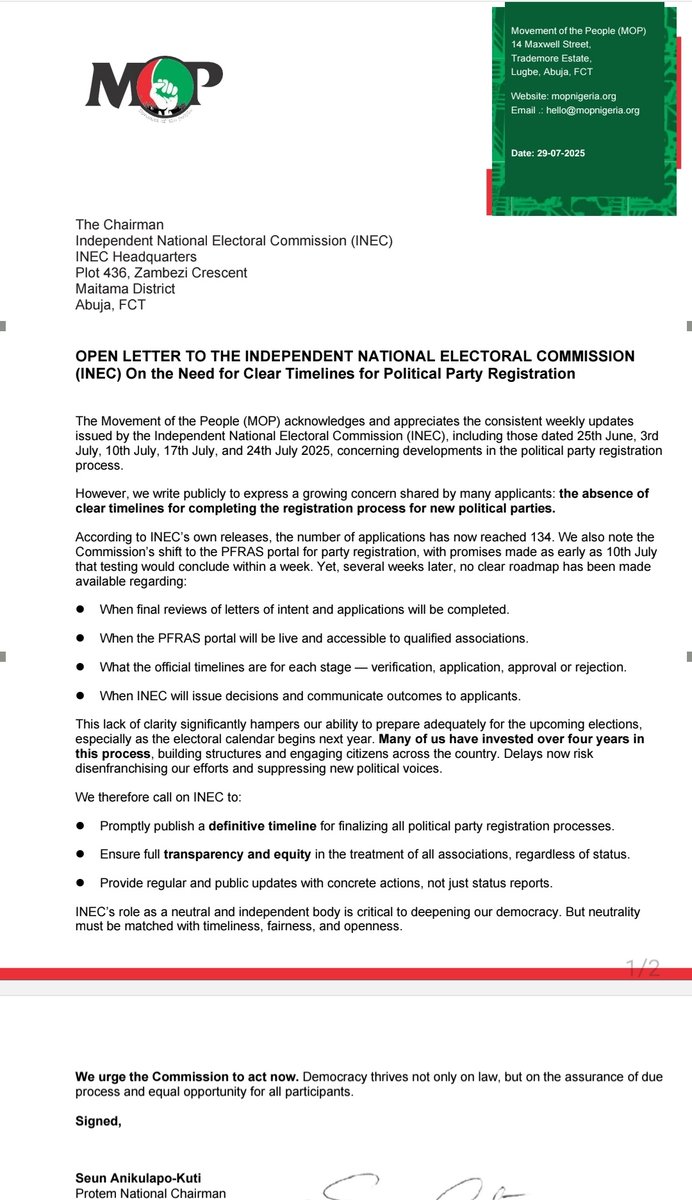 MOVEMENTOFTHEP1's tweet photo. Open Letter from the Movement Of the People, MOP to @inecnigeria 

Once again we are calling for a transparent and prompt Timeline for the registration of new political parties especially M.O.P, as the next Election Season draws near!

#RegisterToRise 
#IStandWithMOP https://t.co/CPGTKg02pw