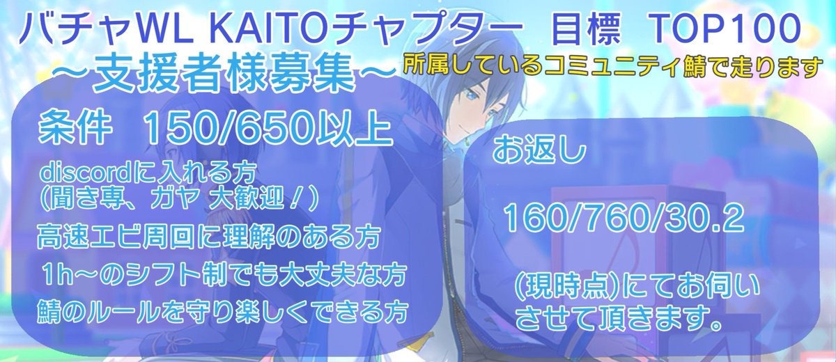 みのりちゃんバナーお疲れ様でした🍵
鯖宣伝失礼いたします。
所属しているコミュニティ鯖にて9月開催予定のバチャWLKAITOチャプターをTOP100位目標で走ります！

FF内外問わずお力添えいただけるという方気軽にお声かけ下さい！
#プロセカ募集 #プロセカ支援
#プロセカお手伝い様募集
#プロセカ協力