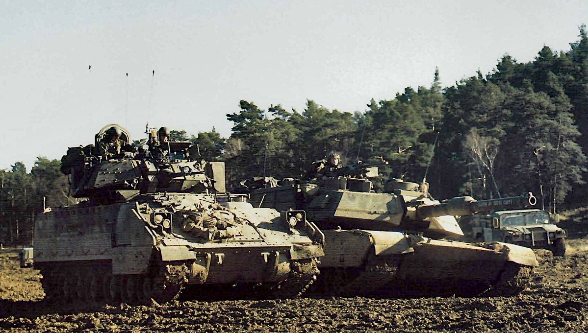 M2A2 ODS Bradley and an M1A1HA Abrams belonging to 2nd Armored Brigade Combat Team, 1st Infantry Division (Dagger Brigade) stationed at Schweinfurt, Germany in the early 2000s.