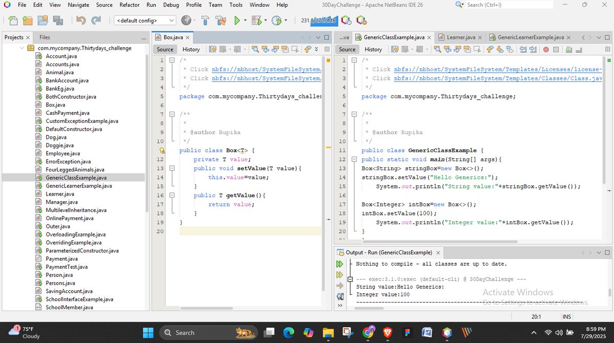Rupika_bajra's tweet photo. Day 13 of #pitc30days
Got into Java Generics with a few basic programs — a helpful step toward writing more flexible, type-safe code.
#pitc2025 #pitc_java #primeitclub @_primeitclub #learningwithpitc https://t.co/ve6zxeu8qb